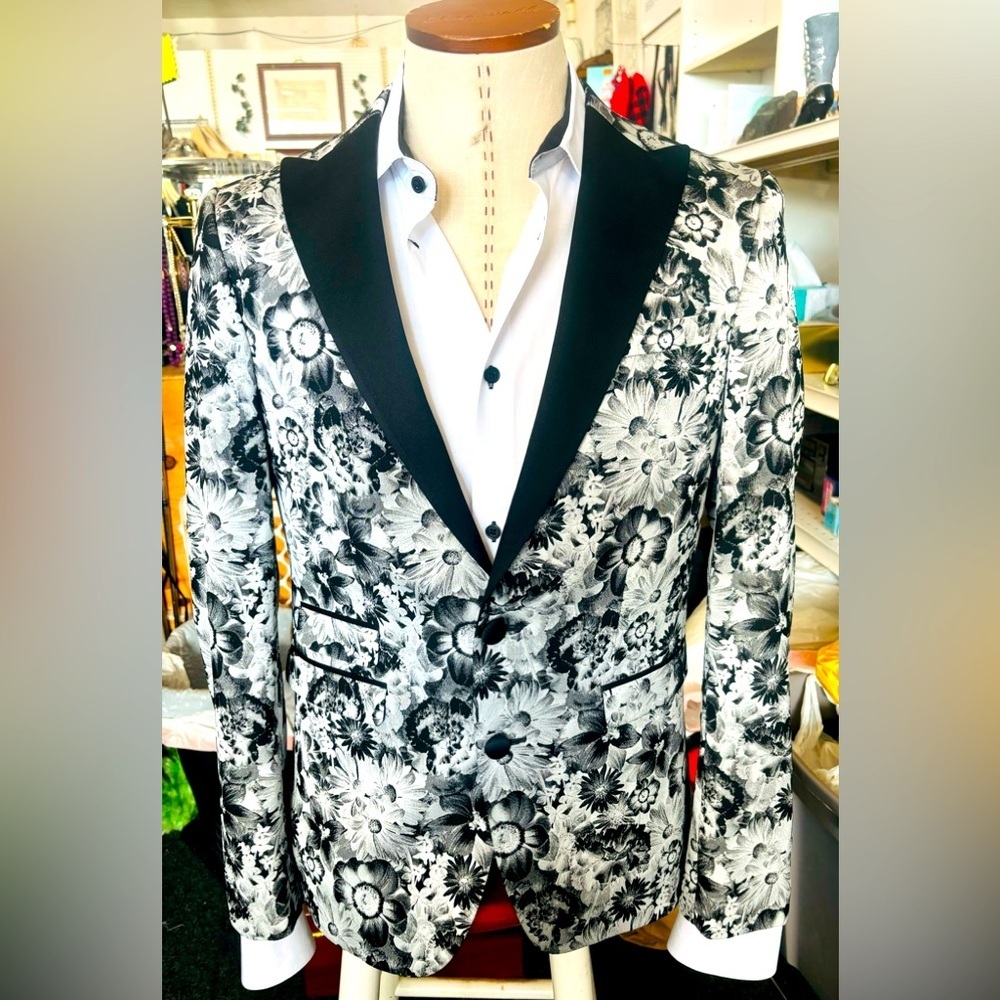 Sands Metallic Floral Black & White Sports Coat Suit Tuxedo Jacket size 48